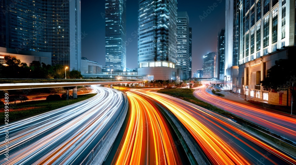 Naklejka premium Nighttime cityscape with vibrant light trails of vehicle traffic showcasing modern skyscrapers and urban architecture in a bustling metropolitan area