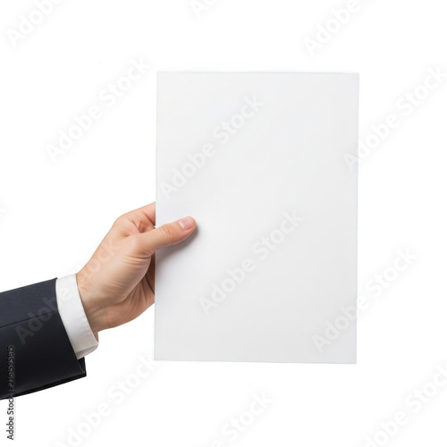 Businessman hand holding a blank white paper sheet isolated on transparent background