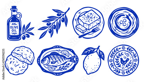 Greek Mediterranean food hand drawn icons set with olive oil fish feta and lemon