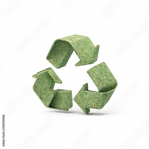 Three-Dimensional Green Recycling Symbol Made from Recycled Paper Fibers
