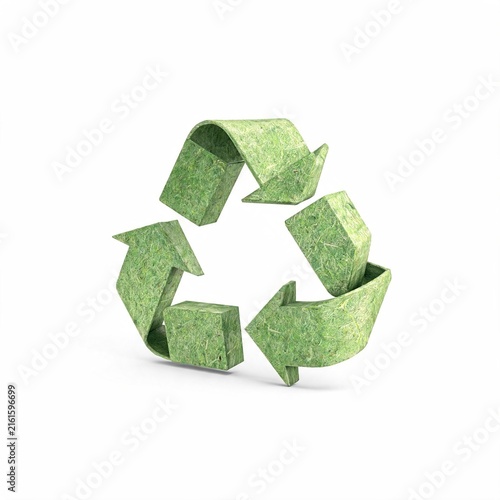 Three-Dimensional Green Recycling Symbol Made from Recycled Paper Fibers