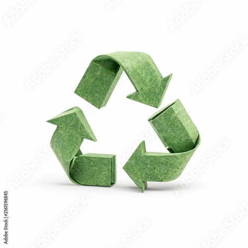 Three-Dimensional Green Recycling Symbol Made from Recycled Paper Fibers