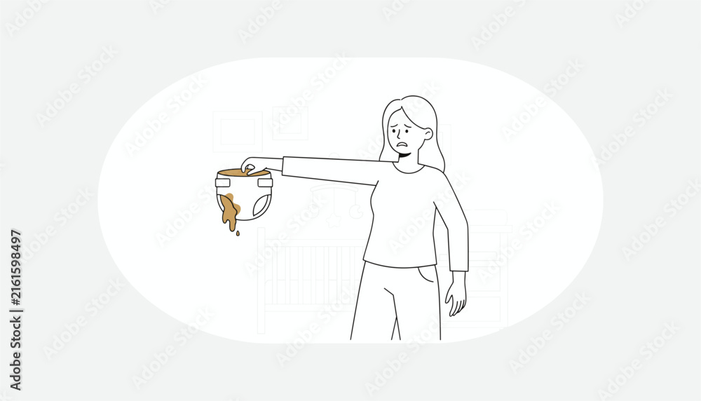 Obraz premium Frustrated mother holding a dirty baby diaper at arm's length with a disgusted facial expression in a black and white line art style.