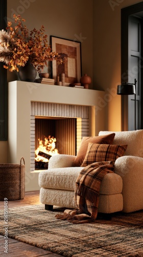 Cozy living room interior featuring burning fireplace beside comfortable soft armchair with warm autumn decor cushions at night for hygge home relaxation and comfort concept