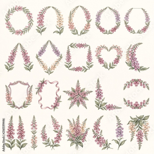 Foxglove Watercolor Floral Frames, Wreaths, Borders, Banners, Bouquets and Botanical Elements Collection