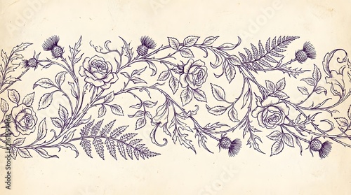 Vintage floral border illustration with roses and thistles in purple ink on aged parchment.