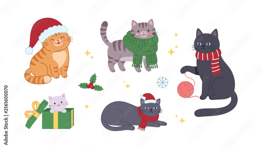 Fototapeta premium Christmas Cat Vector Character Set Featuring Cute Kittens Wearing Santa Hats and Winter Scarves with Gift Boxes and Yarn Holiday Element Illustrations