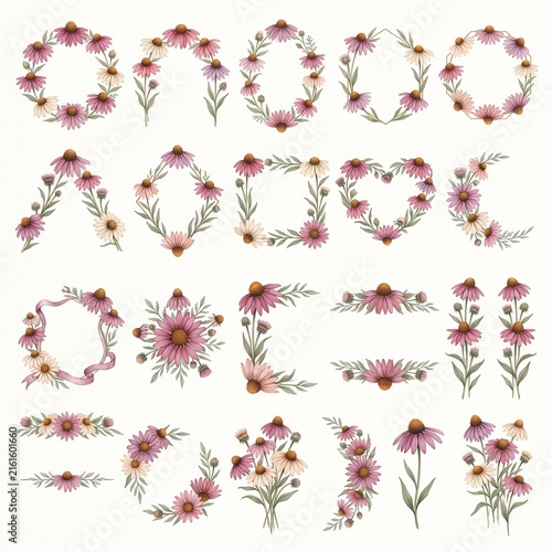 Coneflower Watercolor Floral Frames, Wreaths, Borders, Banners, Bouquets and Botanical Elements Collection