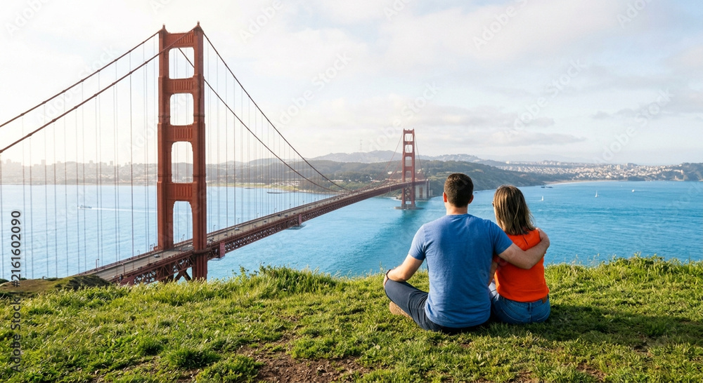 Fototapeta premium Couple Enjoying Scenic View of Golden Gate Bridge in San Francisco from Marin Headlands