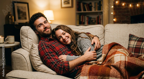 Young Romantic Couple Cuddling on Sofa at Home in Cozy Winter Evening