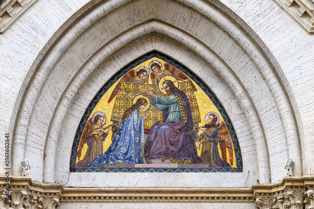 Fototapeta premium The Coronation of the Virgin Mary – mosaic on the pediment of Santa Maria del Rosario Church in Rome, Italy.