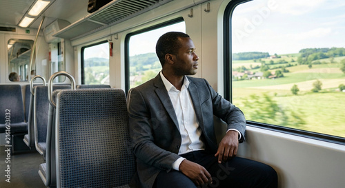 Pensive Black Businessman Looking Out Window Traveling on Modern Train