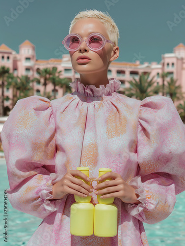 Woman in a pink puff sleeve dress holding yellow binoculars by a pool. Perfect for colorful fashion campaigns, resort advertising, and playful eyewear editorials.