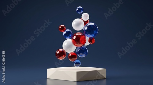 Floating colorful spheres on a reflective pedestal with gradient background