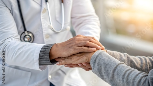 Doctor holding senior patient hands tenderly to provide empathy, support, and professional medical care during hospital visit.