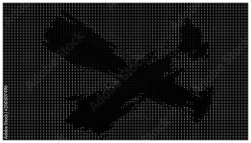 Airplane silhouette halftone pattern dark background.