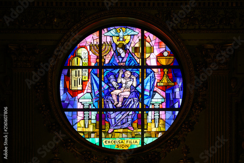 Photography Stained-glass window with the depitcion of the Virgin Mary as “Excelsa Filia Sion” [Exalted Daughter of Zion] in the Basilica of Santa Maria Maggiore