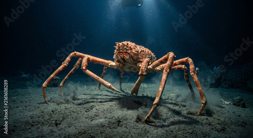 Dramatic underwater photograph of a giant Japanese spider crab crawling along the dark abyssal ocean floor in deep ocean water