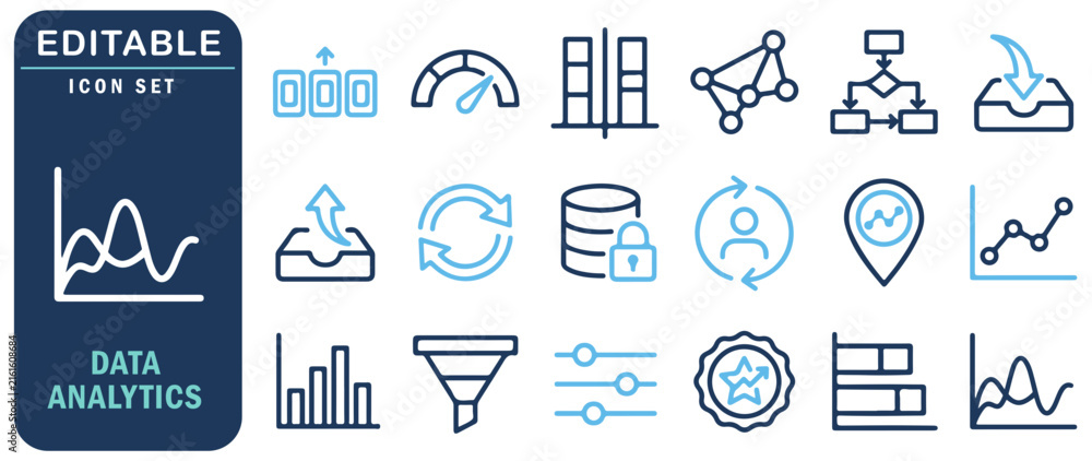 Fototapeta premium Data Analytics Editable Icon Set. Vector line icons for business intelligence, statistics, database, and financial charts.