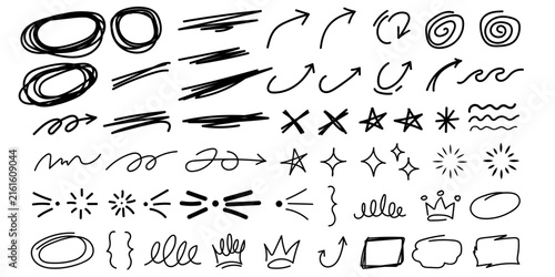 Set of hand drawn doodle elements including arrows circles stars sparkles and various decorative scribbles isolated on white