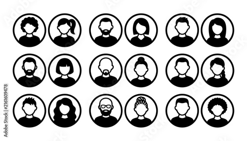 Collection of diverse people portrait icons presented in a clean and minimalist black and white silhouette
