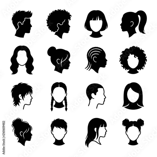 Collection of diverse human head avatars featuring various hairstyles presented in a clean black graphic silhouette