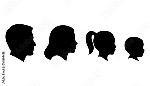 A happy family of four people shown in a clean and minimalist black profile head silhouette