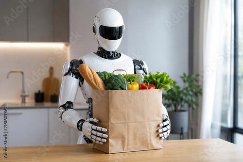 kitchen utensils in a kitchen, robot delivering groceries, robot in the kitchen