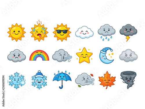 фотографія Cute pixel art weather icons set featuring sun clouds rain snow and more isolate