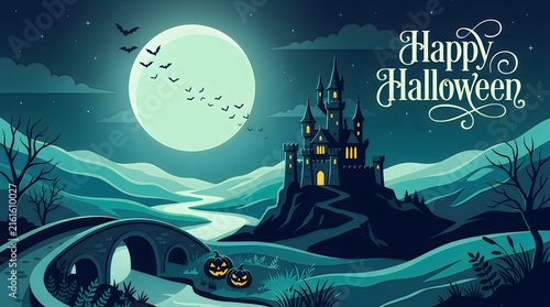 Spooky halloween night scene featuring a dark castle silhouetted against a large full moon and flying bats