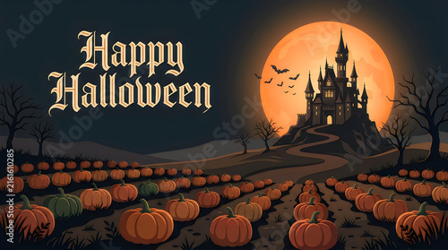 Spooky halloween scene with a dark castle silhouetted against a vibrant orange full moon and pumpkin patch