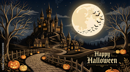 A spooky halloween night scene featuring a haunted castle illuminated by a large full moon and flying bats