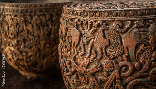 Intricate traditional wood carving detail with craftsmanship sculpture ornament heritage traditional close-up historical decorative woodwork cultural intricate masterpiece woodcraft