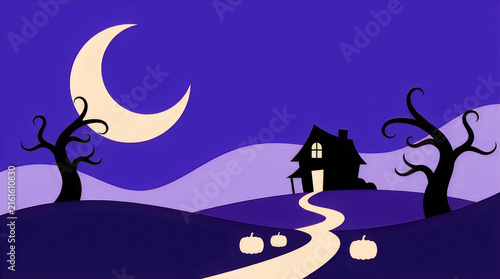 A spooky halloween night scene featuring a silhouetted house under a bright crescent moon and dark trees