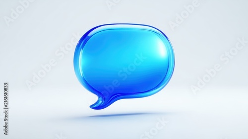 Glossy blue three dimensional chat bubble icon isolated against a clean light gray background with lighting subtle shadows dimensional style soft
