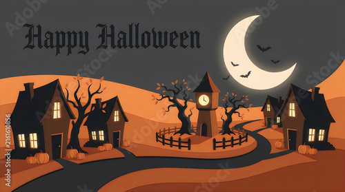 A spooky halloween night scene featuring silhouetted houses under a glowing crescent moon and dark sky