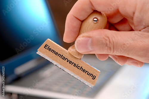 Fotografie Eine Hand hält einen Holzstempel mit der Aufschrift: Elementarversicherung