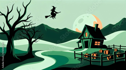 A vintage halloween scene depicts a witch flying over a spooky house with bare trees and a winding path