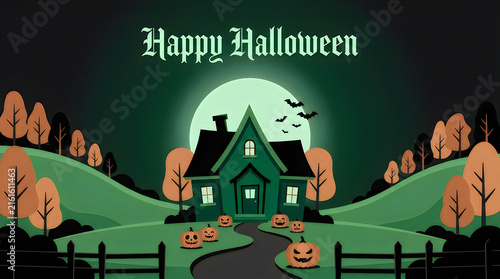 A spooky halloween scene depicts a haunted house silhouetted against a large full moon in a dark landscape