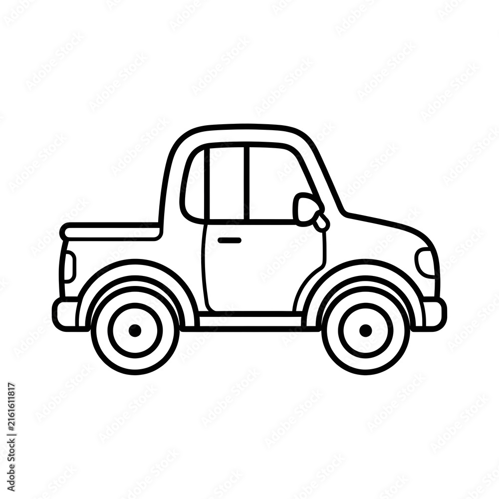 Fototapeta premium Simple black and white line art drawing of a pickup truck, ideal for transportation, delivery, and automobile design projects.