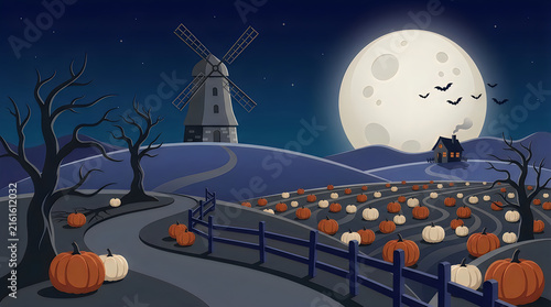 A chilling halloween night illustration shows a bright full moon with silhouetted bats and a spectral ghostly form appearing nearby