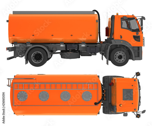 Orange fuel tanker truck with white tank container presented in top and side views, detailed 3d rendering.