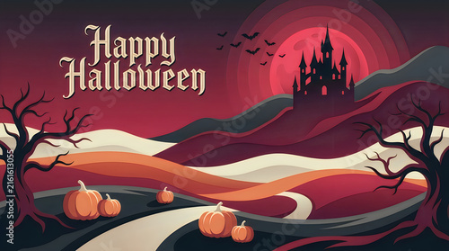 A chilling halloween night illustration depicts a dark castle silhouette set against a vibrant crimson full moon in the background