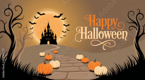 A frightening halloween landscape shows a shadowy castle outlined by a colorful orange and brown evening sky with flying bats