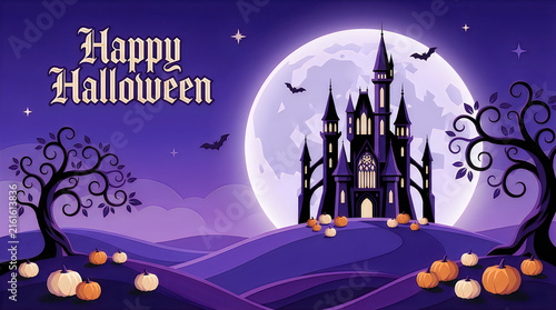 A frightening halloween landscape shows a dark castle silhouette dramatically set against a massive bright full moon in the night sky