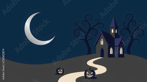 A spooky halloween scene depicts a dark mansion under a crescent moon with a winding pathway