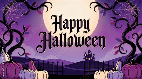A chilling halloween night features a bright full moon and a dark castle silhouette against a vibrant purple landscape