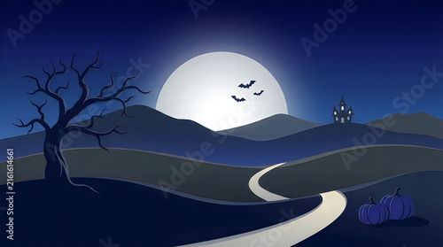 A magical nighttime scene displays dark birds in flight silhouetted against a bright glowing full moon in a landscape