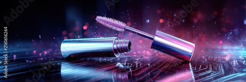 Futuristic Mascara Mockup with Applicator Brush in Neon Beauty Technology Scene