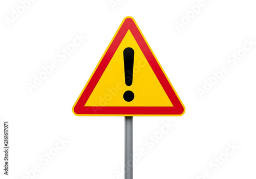 Yellow triangular warning sign with exclamation mark on a metal pole isolated on white